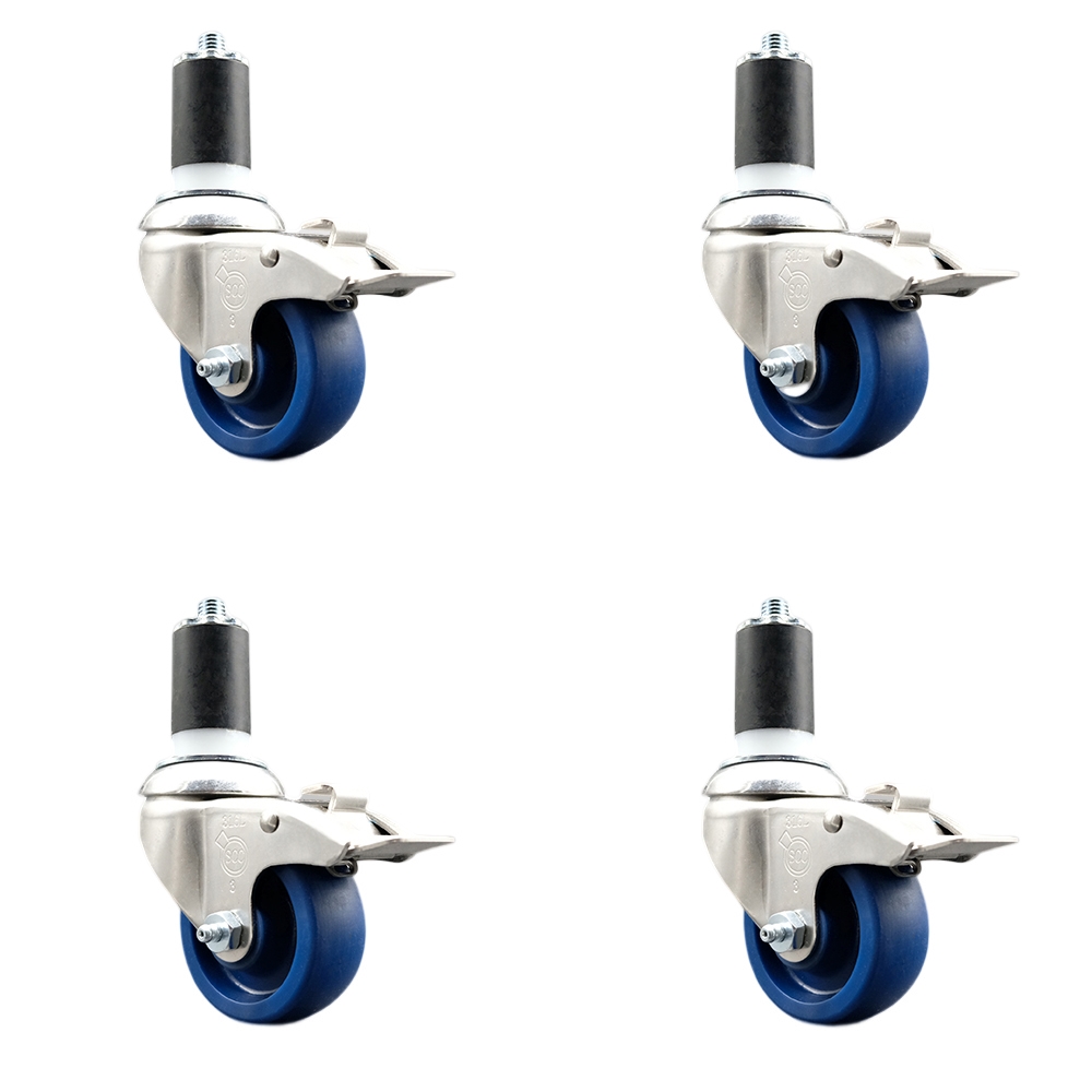 Solid Polyurethane Swivel Stem Caster with 3 in. Blue Caster Wheels, 1.63 in. Expanding Stems - 316 Stainless Steel Casters - Set of 4