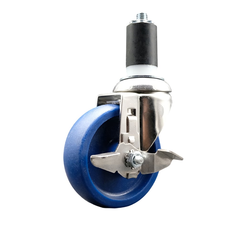Solid Polyurethane Swivel Stem Caster with 4 in. Blue Caster Wheels & Top Lock Brake, 1.63 in. Expanding Stem - 316 Stainless Steel Caster