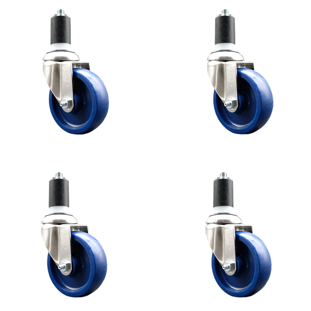 Solid Polyurethane Swivel Stem Caster with 4 in. Blue Caster Wheels, 1.63 in. Expanding Stems - 316 Stainless Steel Casters - Set of 4