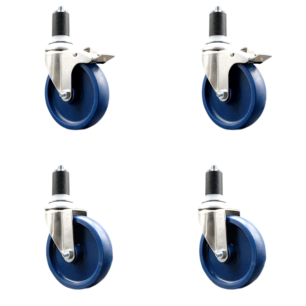 Solid Poly Swivel Stem Caster with 5 in. Blue Caster Wheels, 1.63 in. Expanding Stem - 316 Stainless Steel Casters - Set of 4