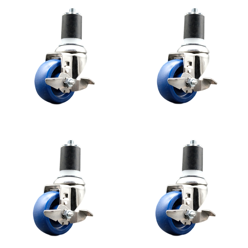 Solid Polyurethane Swivel Stem Caster with 3 in. Blue Caster Wheels, 1.75 in. Expanding Stems - 316 Stainless Steel Casters - Set of 4