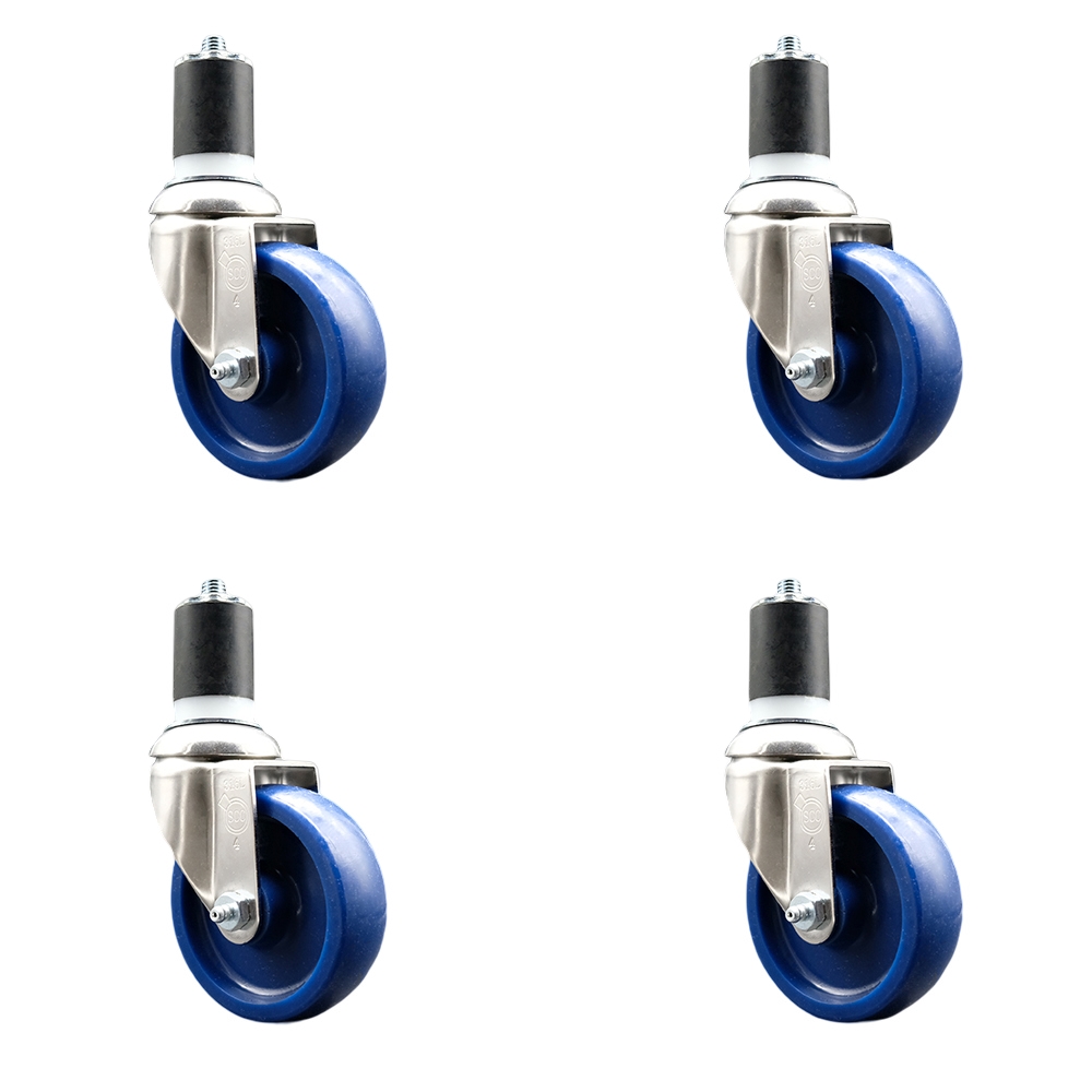 Solid Polyurethane Swivel Stem Caster with 4 in. Blue Caster Wheels, 1.75 in. Expanding Stems - 316 Stainless Steel Casters - Set of 4