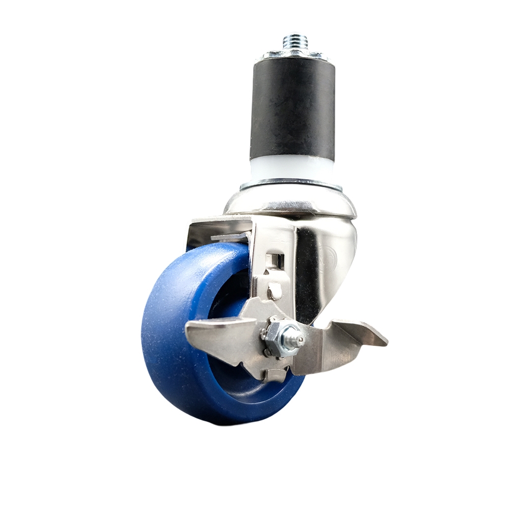 Solid Polyurethane Swivel Stem Caster with 3.5 in. Blue Caster Wheels & Top Lock Brake, 1.87 in. Expanding Stem - 316 Stainless Steel Caster