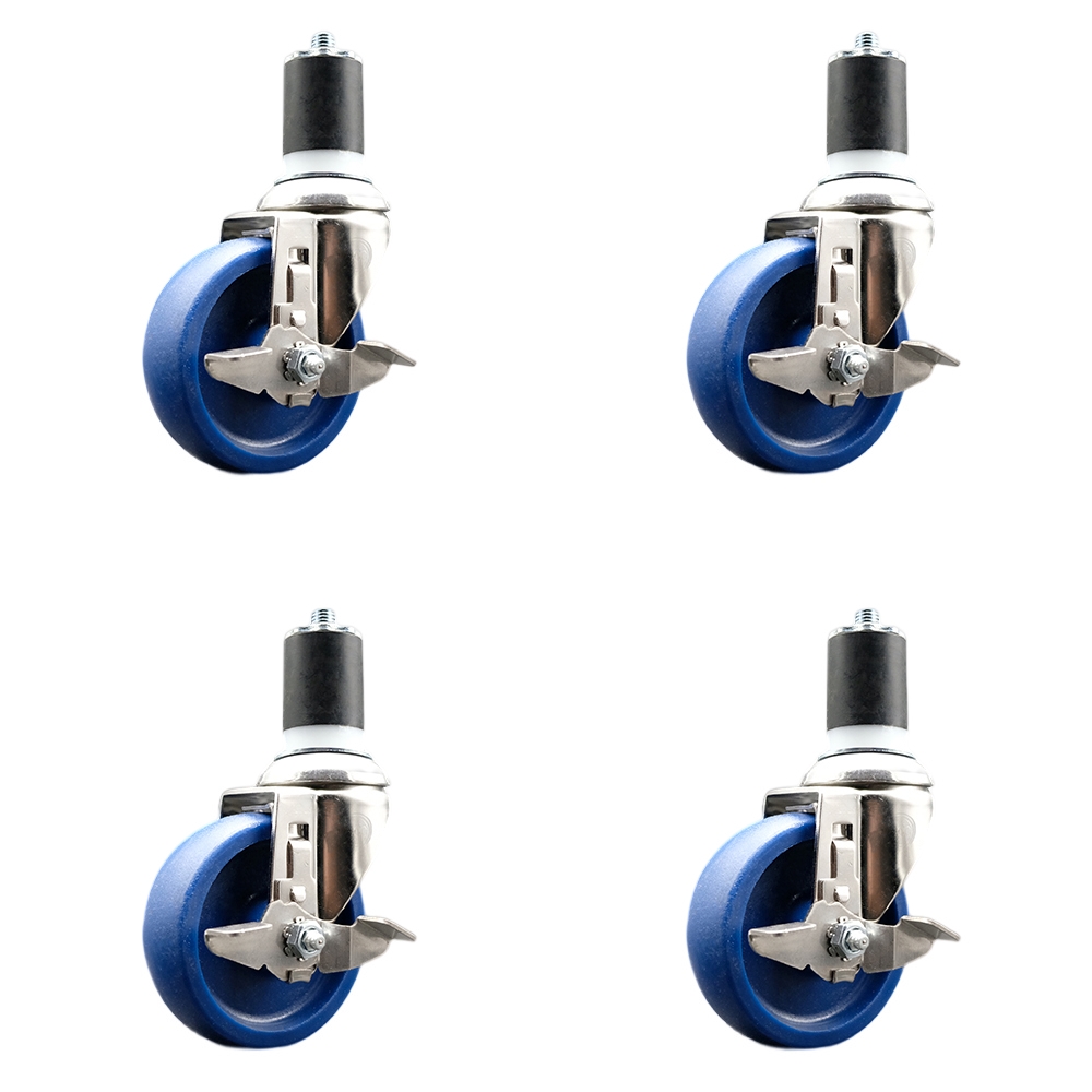 Solid Polyurethane Swivel Stem Caster with 4 in. Blue Caster Wheels, 1.87 in. Expanding Stems - 316 Stainless Steel Casters - Set of 4