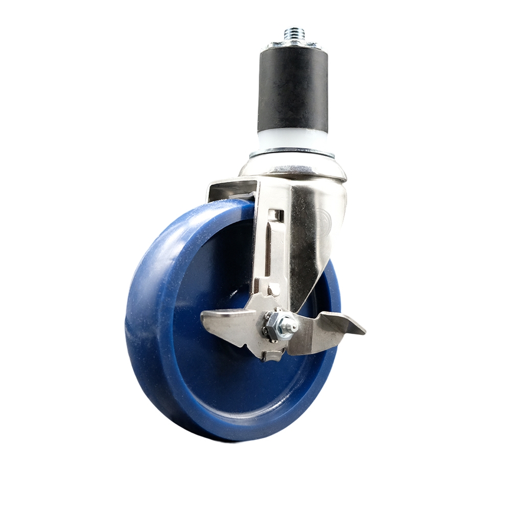 Solid Polyurethane Swivel Stem Caster with 5 in. Blue Caster Wheels & Top Lock Brake, 1.87 in. Expanding Stem - 316 Stainless Steel Caster