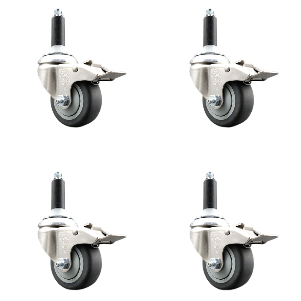 Thermoplastic Rubber Swivel Stem Caster with 3.5 in. Caster Wheels, 0.75 in. Expanding Stems - 316 Stainless Steel Casters - Set of 4