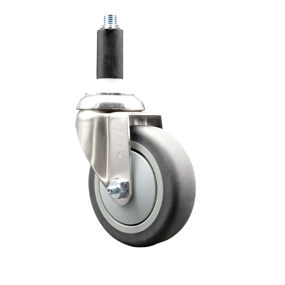 Thermoplastic Rubber Swivel Stem Caster with 4 in. Gray Caster Wheels, 1.13 in. Expanding Stem - 316 Stainless Steel Caster