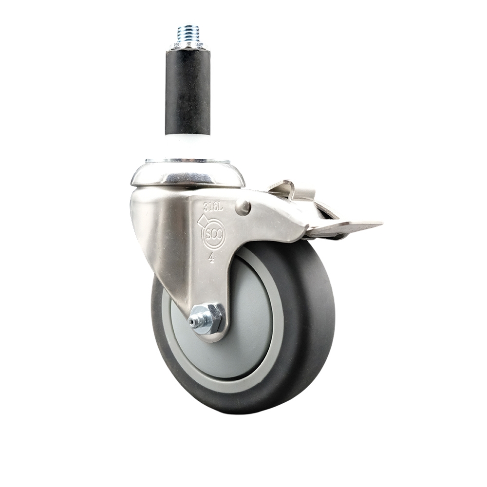Thermoplastic Rubber Swivel Stem Caster with 4 in. Gray Caster Wheel & Total Lock Brake, 1.13 in. Expanding Stem - 316 Stainless Steel Caster
