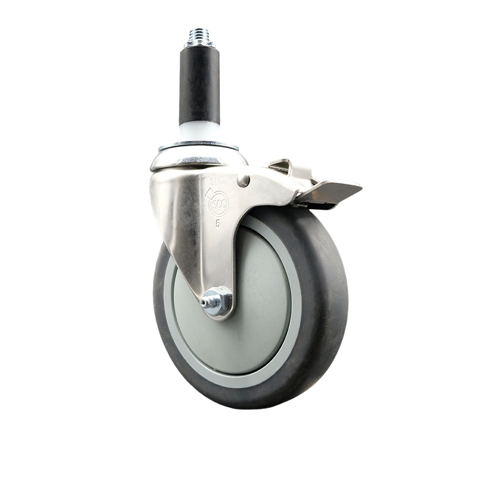 Thermoplastic Rubber Swivel Stem Caster with 5 in. Gray Caster Wheel & Total Lock Brake, 1.13 in. Expanding Stem - 316 Stainless Steel Caster