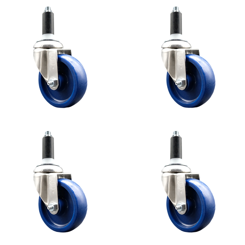 Solid Polyurethane Swivel Stem Caster with 4 in. Blue Caster Wheels, 1 in. Expanding Stems - 316 Stainless Steel Casters - Set of 4
