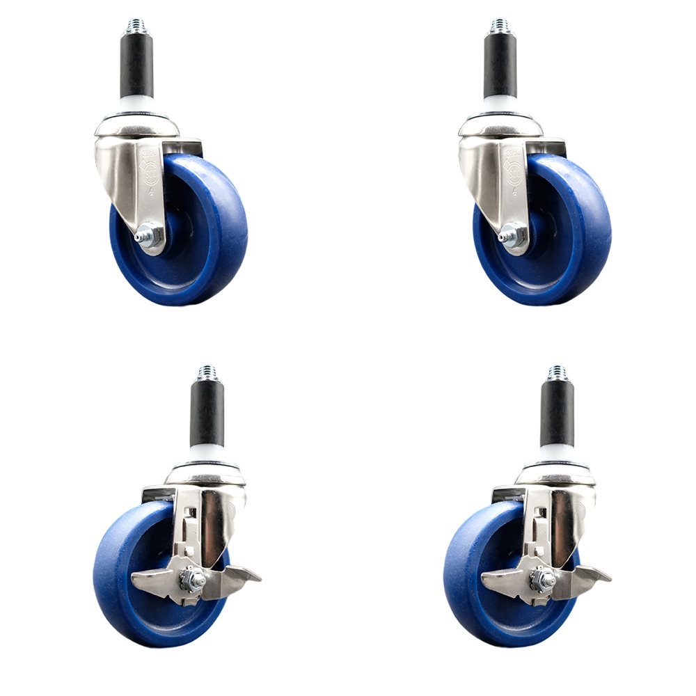 Solid Poly Swivel Stem Caster with 4 in. Blue Caster Wheels, 1 in. Expanding Stems - 316 Stainless Steel Casters - Set of 4