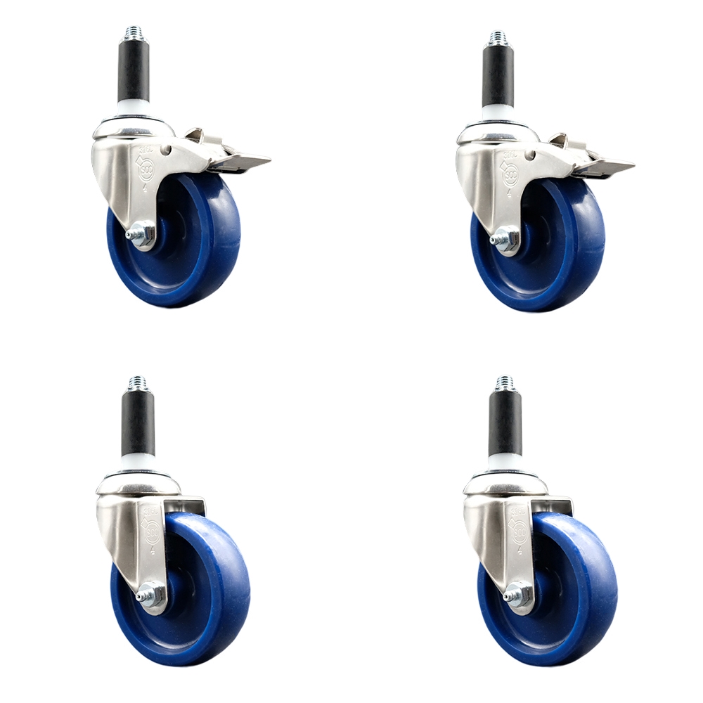 Solid Poly Swivel Stem Caster with 4 in. Blue Caster Wheels, 1 in. Expanding Stem - 316 Stainless Steel Casters - Set of 4