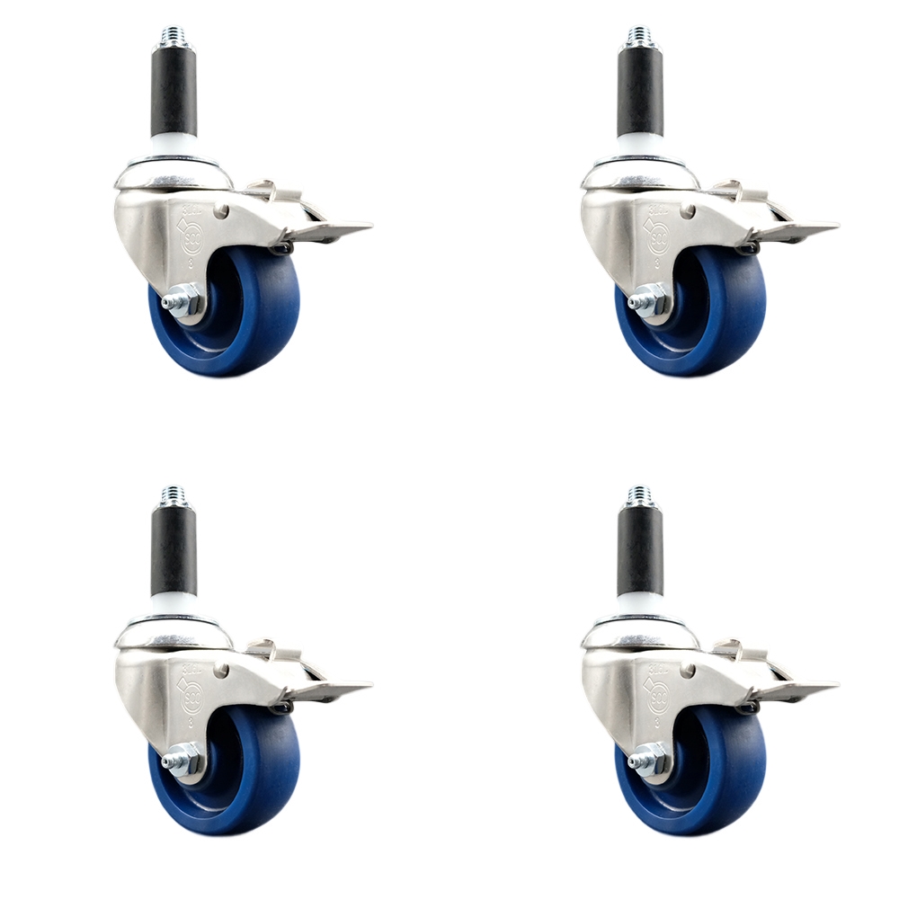 Solid Polyurethane Swivel Stem Caster with 3 in. Blue Caster Wheels, 1.13 in. Expanding Stems - 316 Stainless Steel Casters - Set of 4