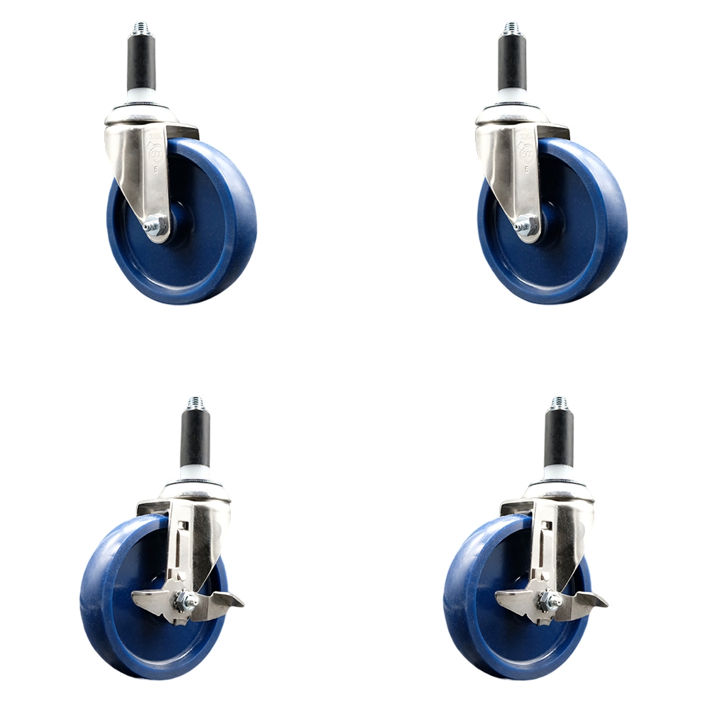 Solid Poly Swivel Stem Caster with 5 in. Blue Caster Wheels, 1.13 in. Expanding Stems - 316 Stainless Steel Casters - Set of 4
