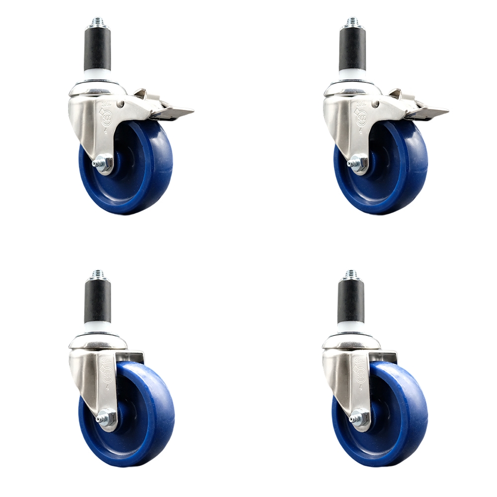 Solid Poly Swivel Stem Caster with 4 in. Blue Caster Wheels, 1.25 in. Expanding Stem - 316 Stainless Steel Casters - Set of 4