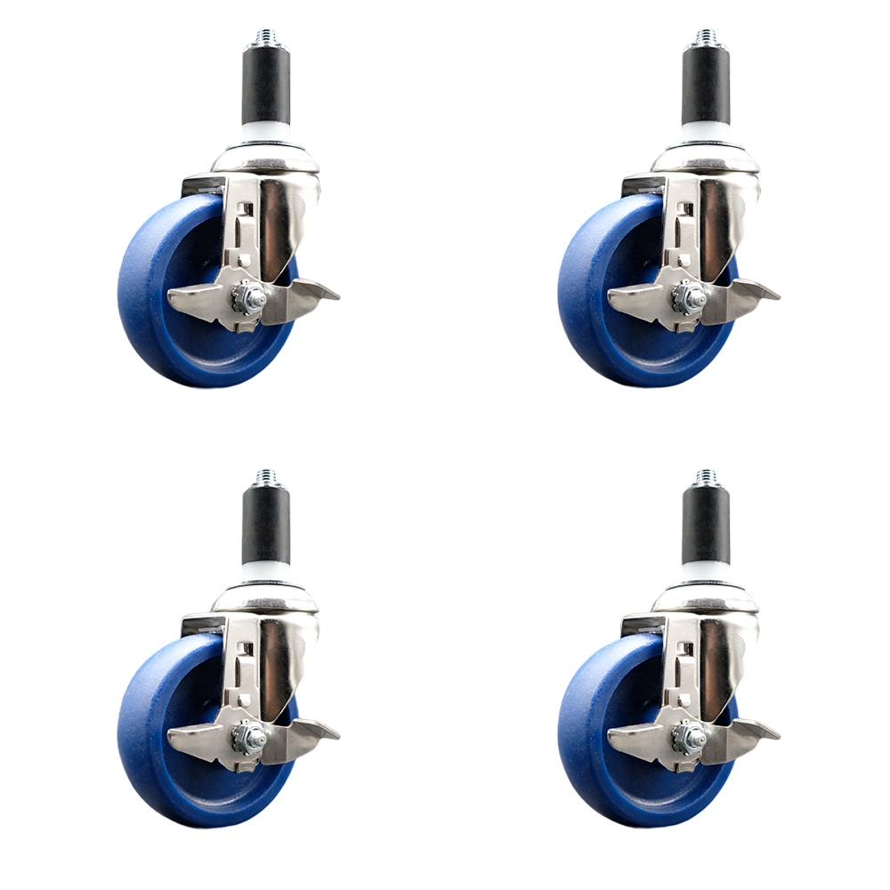 Solid Polyurethane Swivel Stem Caster with 4 in. Blue Caster Wheels, 1.38 in. Expanding Stems - 316 Stainless Steel Casters - Set of 4