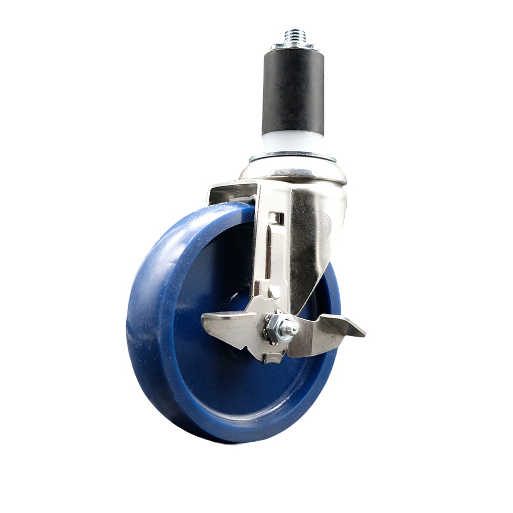 Solid Polyurethane Swivel Stem Caster with 5 in. Blue Caster Wheels & Top Lock Brake, 1.5 in. Expanding Stem - 316 Stainless Steel Caster