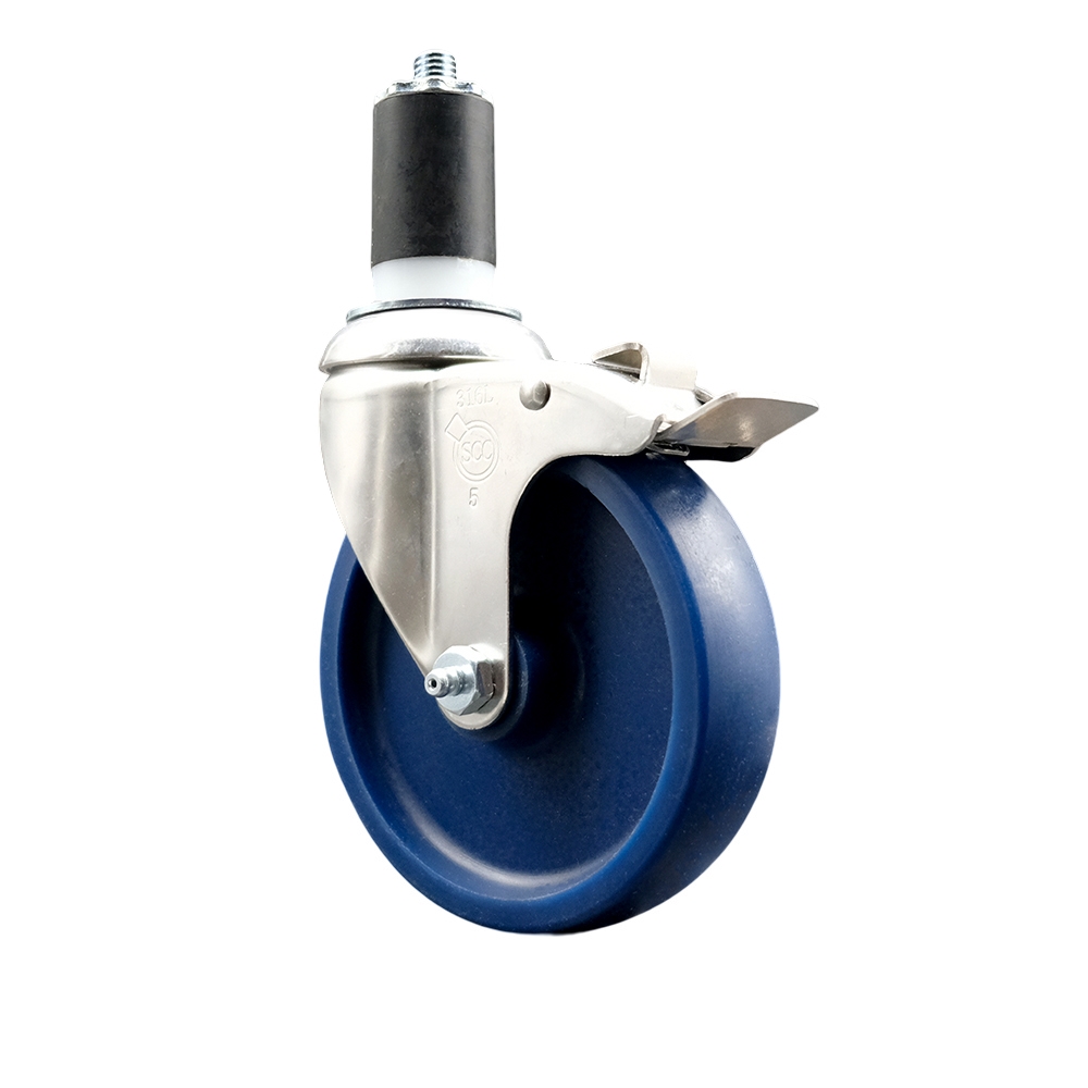Solid Polyurethane Swivel Stem Caster with 5 in. Blue Caster Wheels & Total Lock Brake, 1.5 in. Expanding Stem - 316 Stainless Steel Caster