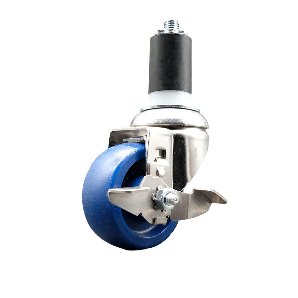 Solid Polyurethane Swivel Stem Caster with 3.5 in. Blue Caster Wheels & Top Lock Brake, 1.63 in. Expanding Stem - 316 Stainless Steel Caster