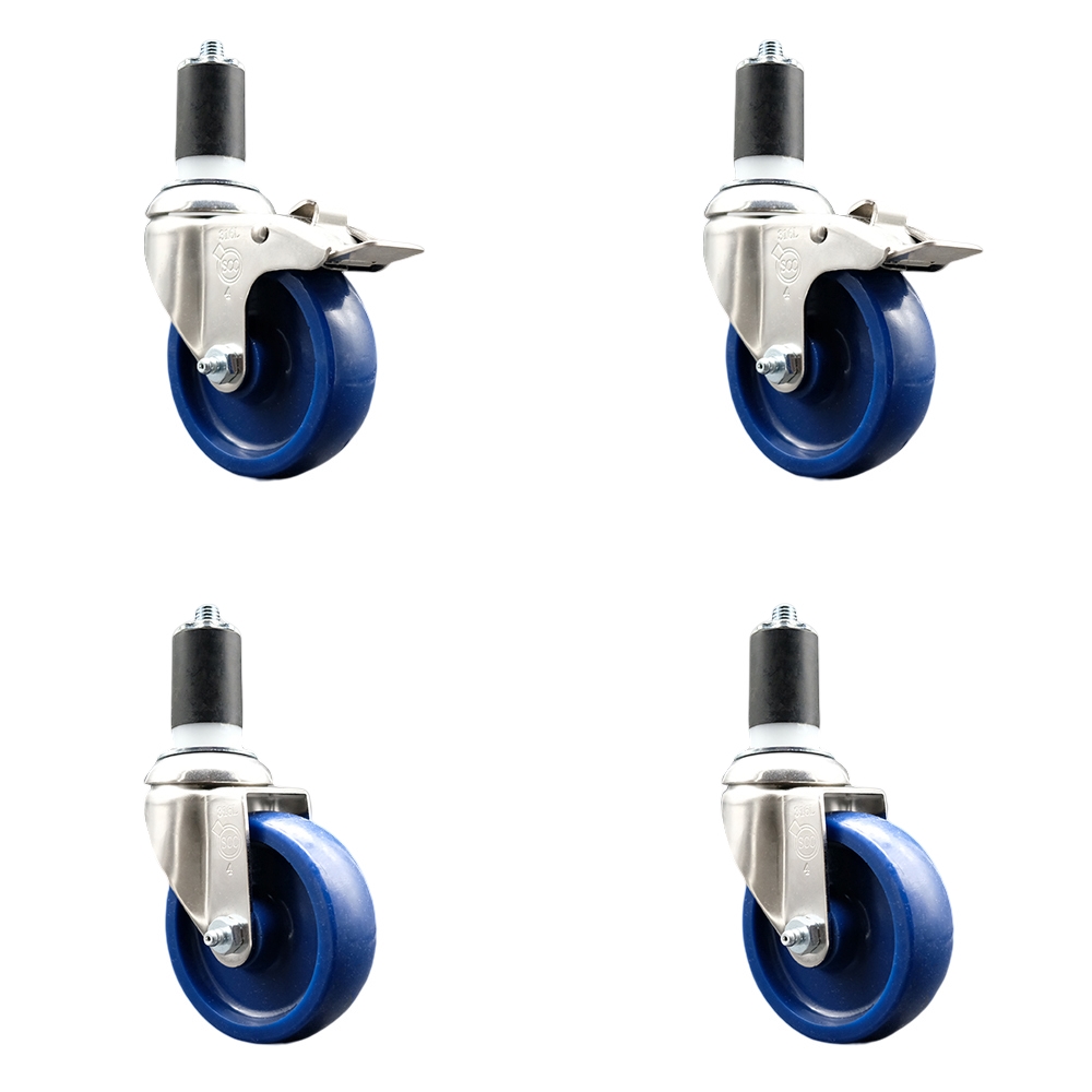 Solid Poly Swivel Stem Caster with 4 in. Blue Caster Wheels, 1.63 in. Expanding Stem - 316 Stainless Steel Casters - Set of 4