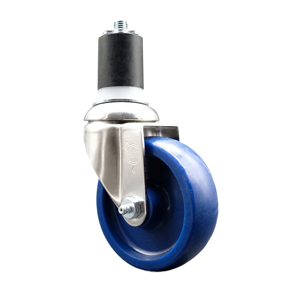 Solid Polyurethane Swivel Stem Caster with 4 in. Blue Caster Wheels, 1.75 in. Expanding Stem - 316 Stainless Steel Caster