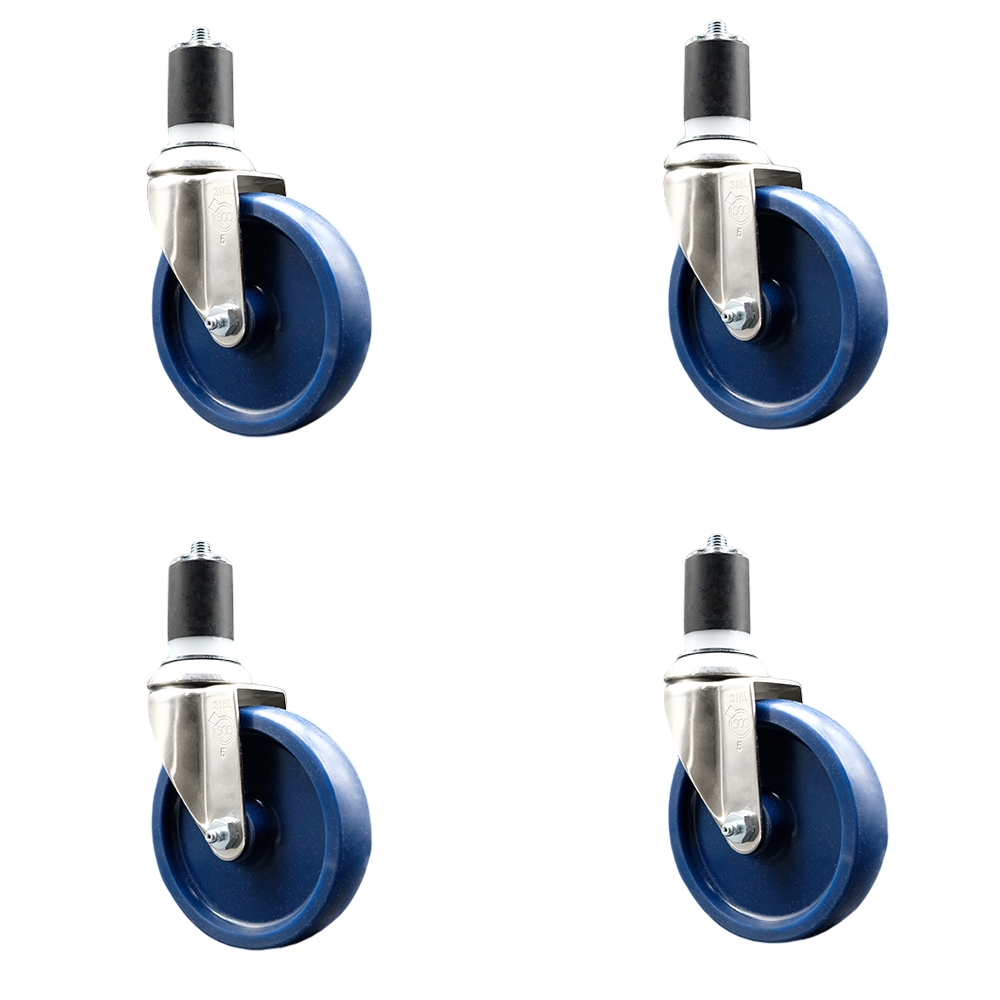 Solid Polyurethane Swivel Stem Caster with 5 in. Blue Caster Wheels, 1.75 in. Expanding Stems - 316 Stainless Steel Casters - Set of 4