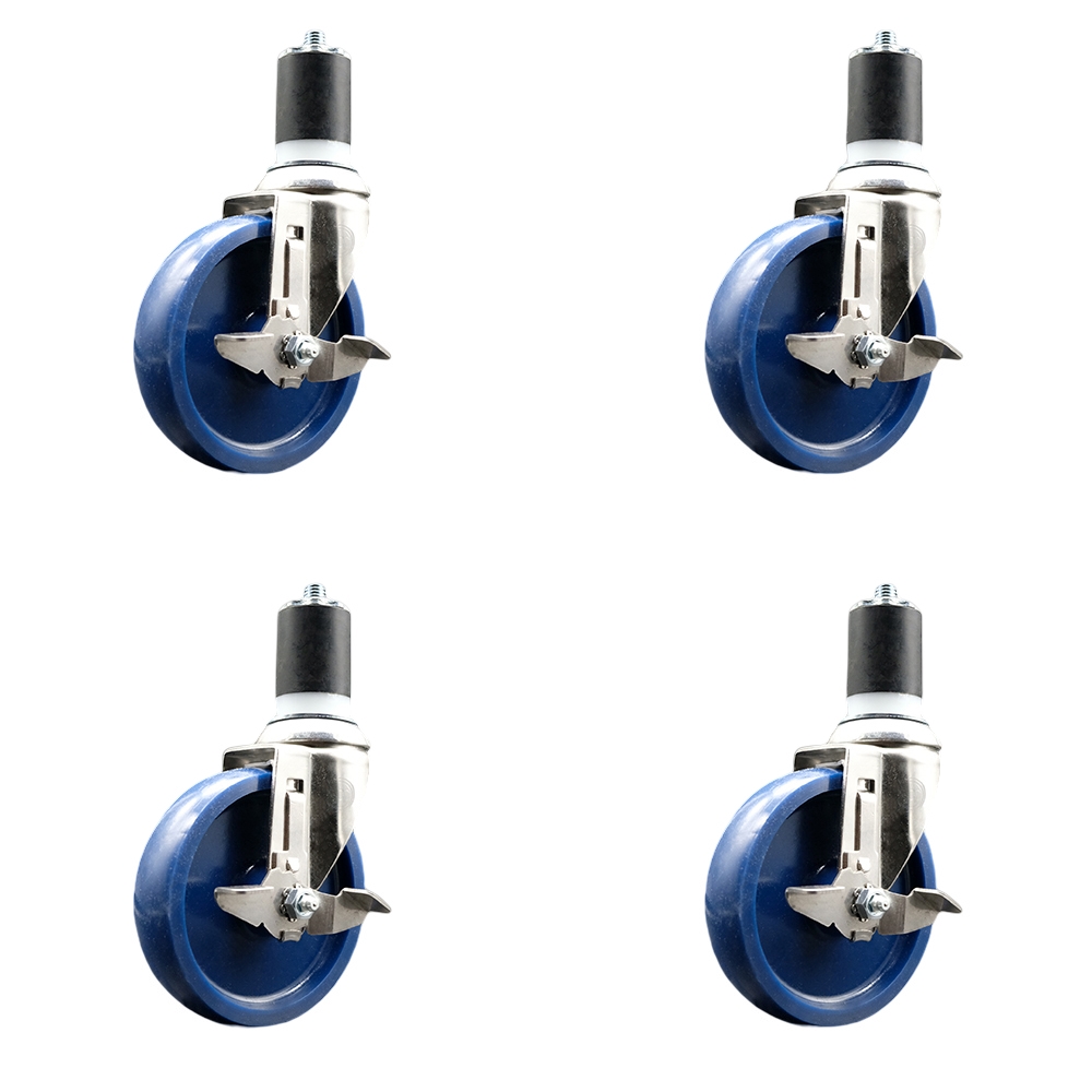 Solid Polyurethane Swivel Stem Caster with 5 in. Blue Caster Wheels, 1.75 in. Expanding Stems - 316 Stainless Steel Casters - Set of 4
