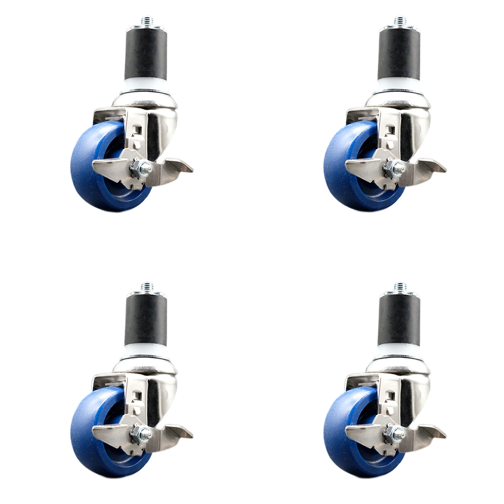 Solid Polyurethane Swivel Stem Caster with 3.5 in. Blue Caster Wheels, 1.87 in. Expanding Stems - 316 Stainless Steel Casters - Set of 4