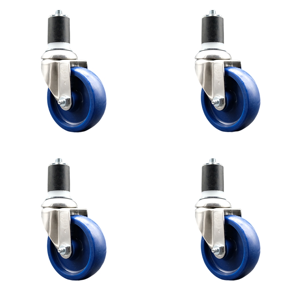 Solid Polyurethane Swivel Stem Caster with 4 in. Blue Caster Wheels, 1.87 in. Expanding Stems - 316 Stainless Steel Casters - Set of 4
