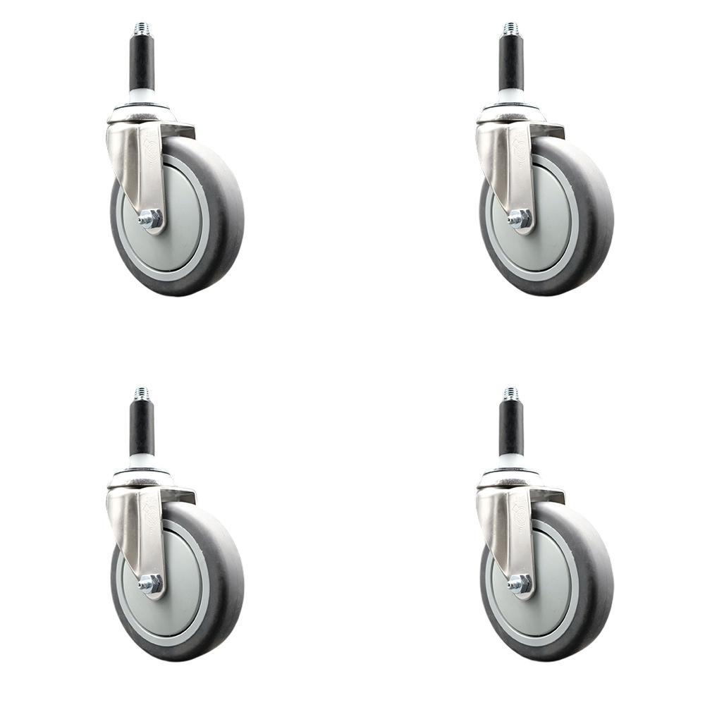 Thermoplastic Rubber Swivel Stem Caster with 5 in. Gray Caster Wheels, 0.75 in. Expanding Stems - 316 Stainless Steel Casters - Set of 4
