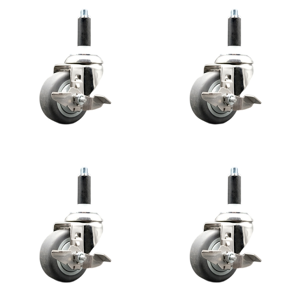 Thermoplastic Rubber Swivel Stem Caster with 3 in. Caster Wheels, 0.87 in. Expanding Stems - 316 Stainless Steel Casters - Set of 4