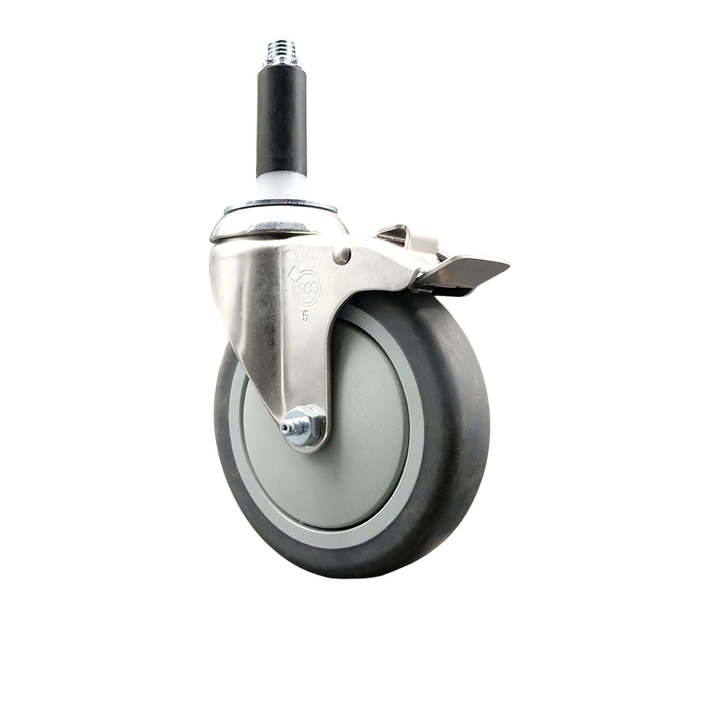 Thermoplastic Rubber Swivel Stem Caster with 5 in. Gray Caster Wheel & Total Lock Brake, 0.87 in. Expanding Stem - 316 Stainless Steel Caster