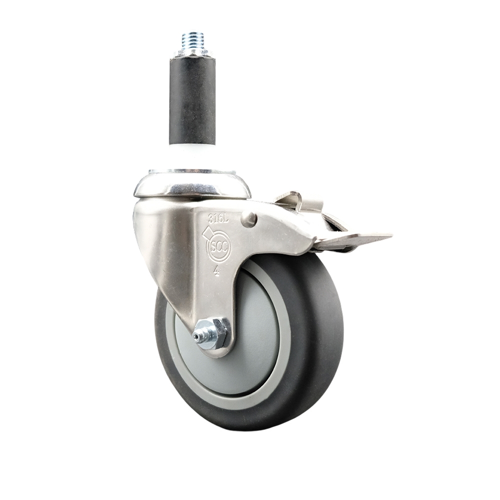 Thermoplastic Rubber Swivel Stem Caster with 4 in. Gray Caster Wheel & Total Lock Brake, 1 in. Expanding Stem - 316 Stainless Steel Caster