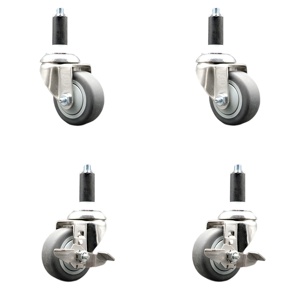Thermoplastic Rubber Swivel Stem Caster with 3 in. Caster Wheels, 1.13 in. Expanding Stems - 316 Stainless Steel Casters - Set of 4