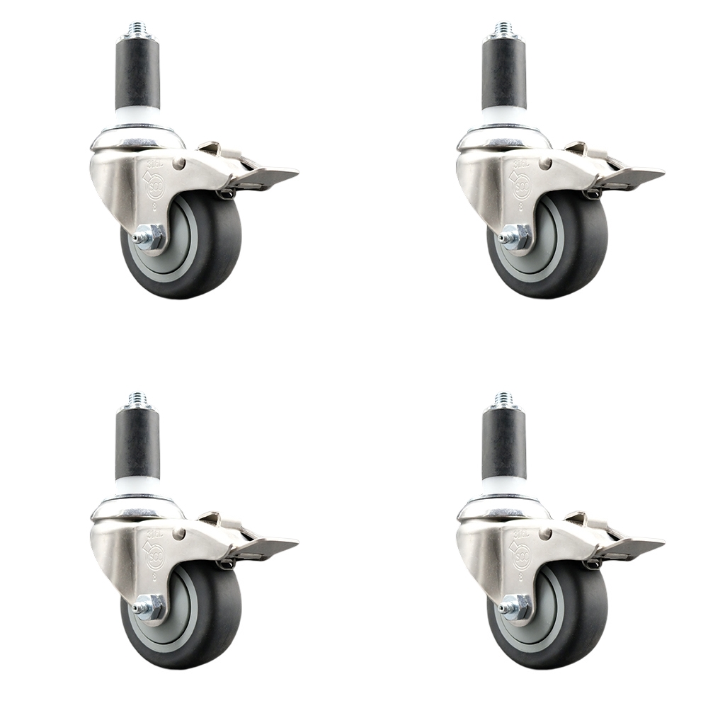 Thermoplastic Rubber Swivel Stem Caster with 3.5 in. Caster Wheels, 1.25 in. Expanding Stems - 316 Stainless Steel Casters - Set of 4