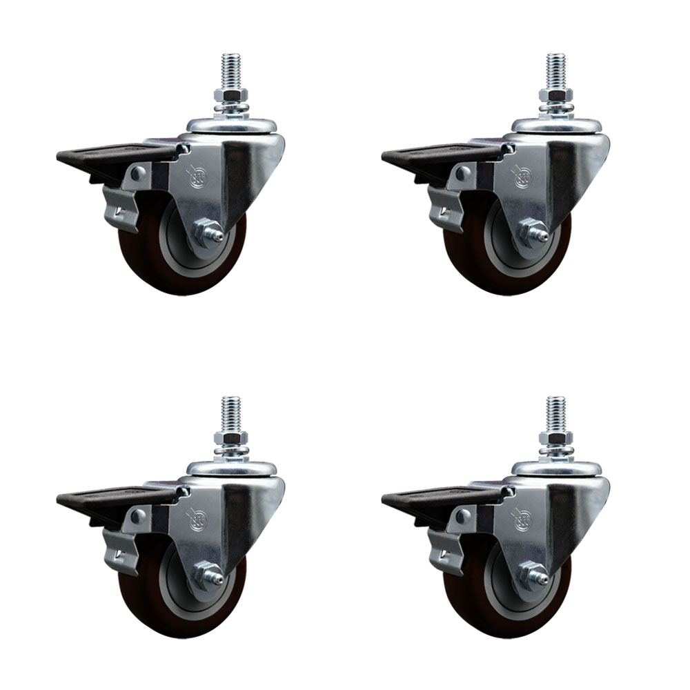 SCC-TS20S314-PPUB-MRN-PLB-M1015-4 Polyurethane Swivel Threaded Stem Caster with 3 x 1.25 in. Maroon Wheels & 10 mm Stems - Set of 4