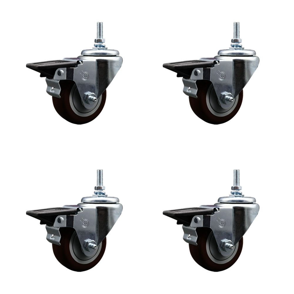 SCC-TS20S314-PPUB-MRN-PLB-M1215-4 Polyurethane Swivel Threaded Stem Caster with 3 x 1.25 in. Maroon Wheels & 12 mm Stems - Set of 4