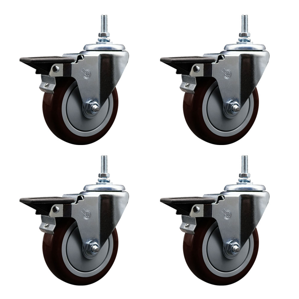 SCC-TS20S514-PPUB-MRN-PLB-M1215-4 Polyurethane Swivel Threaded Stem Caster with 5 x 1.25 in. Maroon Wheels & 12 mm Stems - Set of 4
