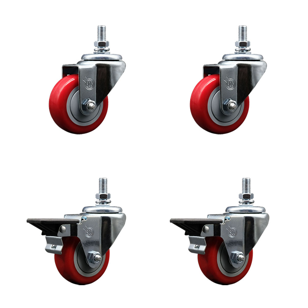 SCC-TS20S314-PPUB-RED-121315-2-PLB-2 Polyurethane Swivel Threaded Stem Caster with 3 x 1.25 in. Red Wheels & 0.5 in. Stems - Set of 4