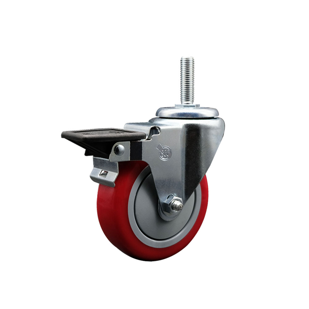 SCC-TS20S414-PPUB-RED-PLB-34212 Polyurethane Swivel Threaded Stem Caster with 4 x 1.25 in. Red Wheel & 0.75 in. Stem & Posi Locking Brake