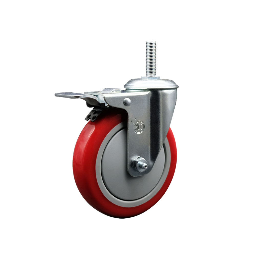 SCC-TSTTL20S514-PPUB-RED-34212 Polyurethane Swivel Threaded Stem Caster with 5 x 1.25 in. Red Wheel & 0.75 in. Stem & Total Locking Brake