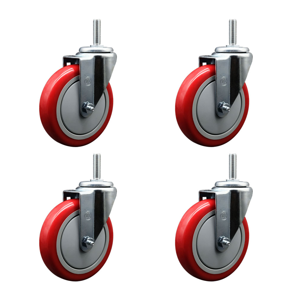 SCC-TS20S514-PPUB-RED-34212-4 Polyurethane Swivel Threaded Stem Caster with 5 x 1.25 in. Red Wheels & 0.75 in. Stems - Set of 4