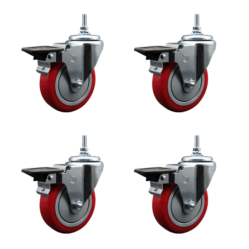 SCC-TS20S414-PPUB-RED-PLB-381615-4 Polyurethane Swivel Threaded Stem Caster with 4 x 1.25 in. Red Wheels & 0.38 in. Stems - Set of 4