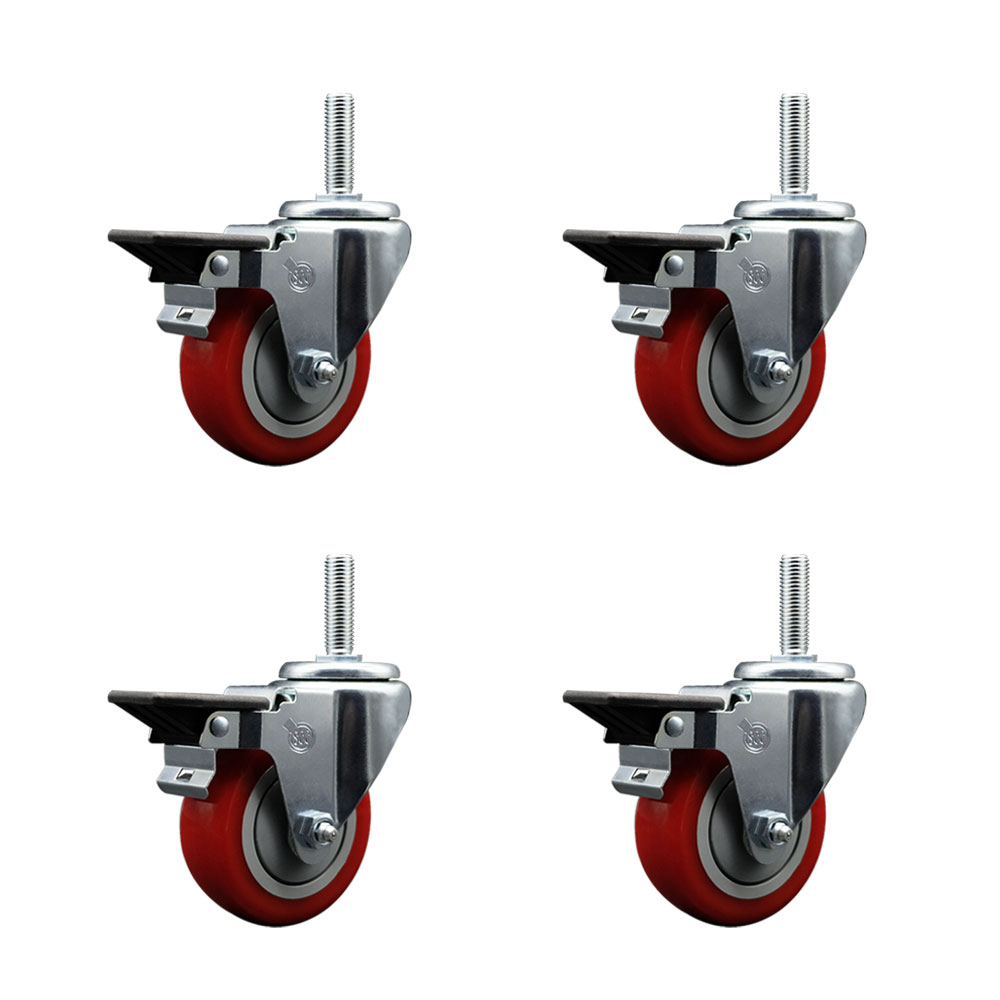 SCC-TS20S3514-PPUB-RED-PLB-58212-4 Polyurethane Swivel Threaded Stem Caster with 3.5 x 1.25 in. Red Wheels & 0.63 in. Stems - Set of 4