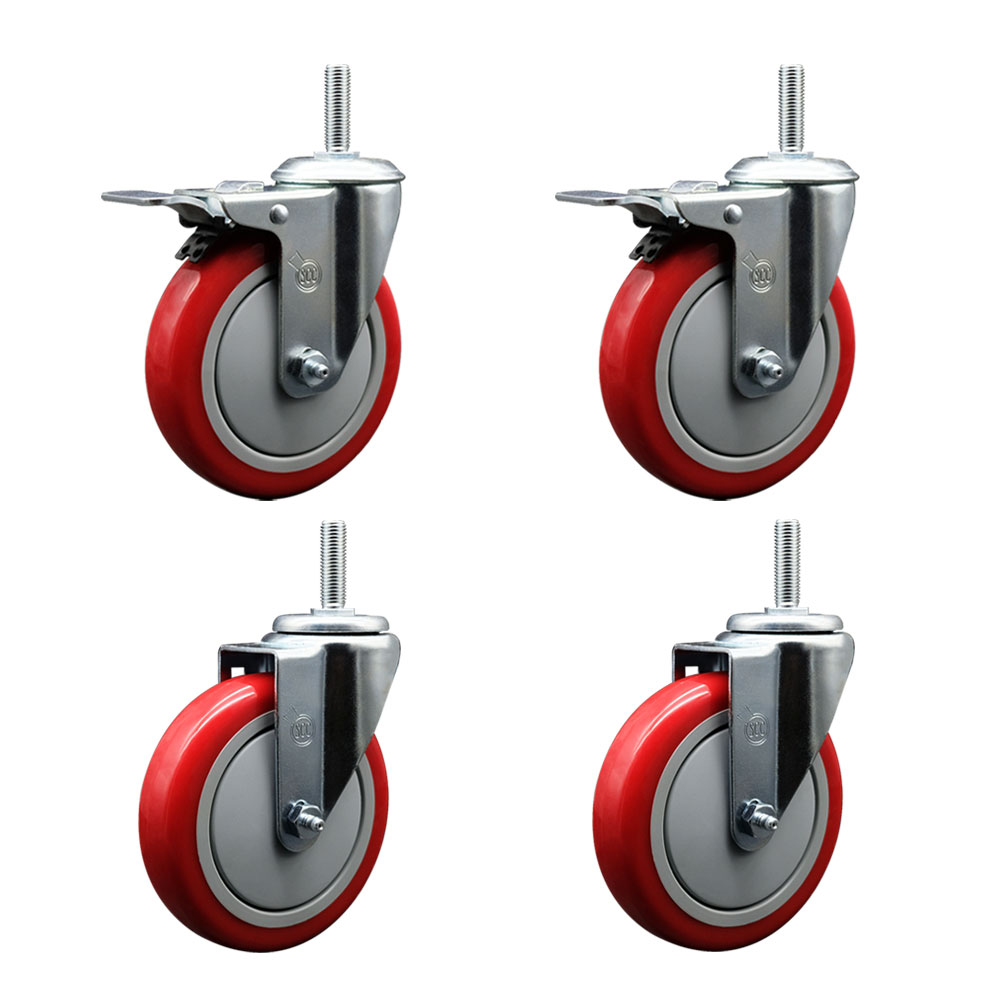 SCC-TSTTL20S514-PPUB-RED-58212-2-S-2 Polyurethane Swivel Threaded Stem Caster with 5 x 1.25 in. Red Wheels & 0.63 in. Stems - Set of 4