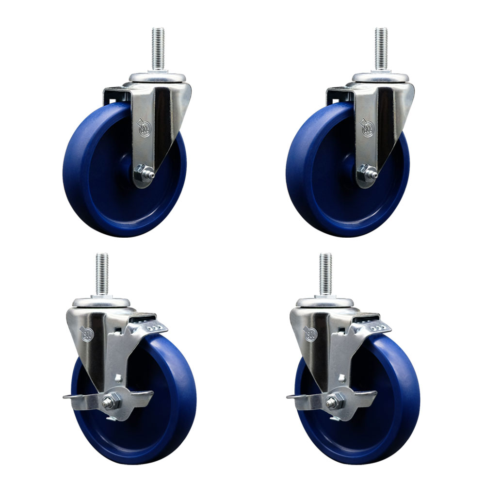 SCC-TS20S514-SPUS-34212-2-TLB-2 Solid Polyurethane Swivel Threaded Stem Caster with 5 x 1.25 in. Blue Wheels & 0.75 in. Stems - Set of 4