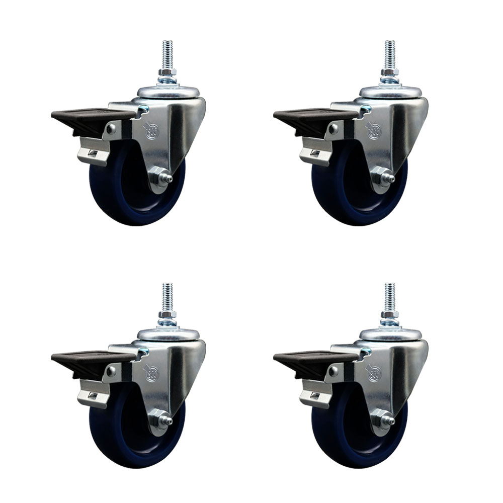 SCC-TS20S3514-SPUS-PLB-M1215-4 Solid Polyurethane Swivel Threaded Stem Caster with 3.5 x 1.25 in. Blue Wheels & 12 mm Stems - Set of 4