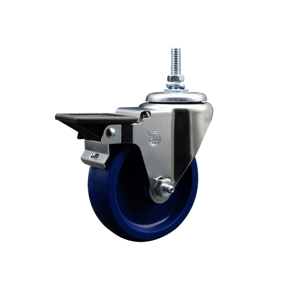 SCC-TS20S414-SPUS-PLB-M1215 Solid Polyurethane Swivel Threaded Stem Caster with 4 x 1.25 in. Blue Wheel & 12 mm Stem & Posi Locking Brake