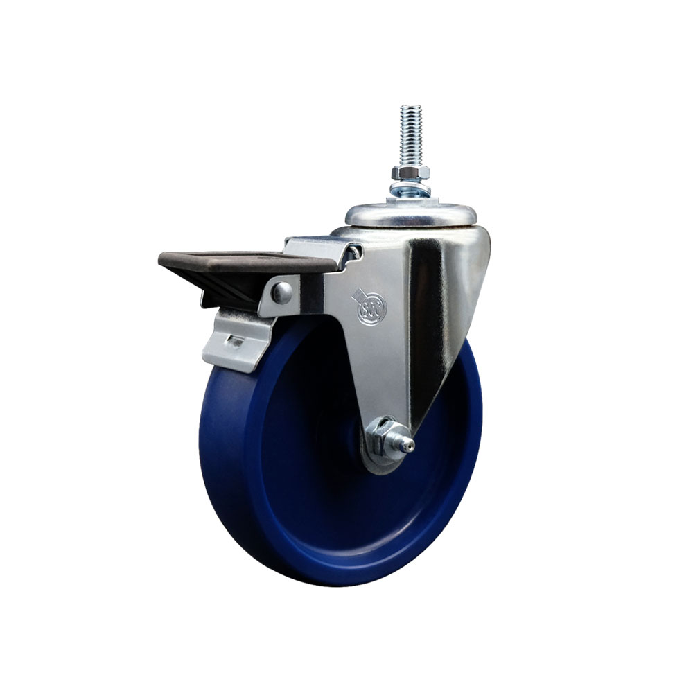SCC-TS20S514-SPUS-PLB-M1215 Solid Polyurethane Swivel Threaded Stem Caster with 5 x 1.25 in. Blue Wheel & 12 mm Stem & Posi Locking Brake
