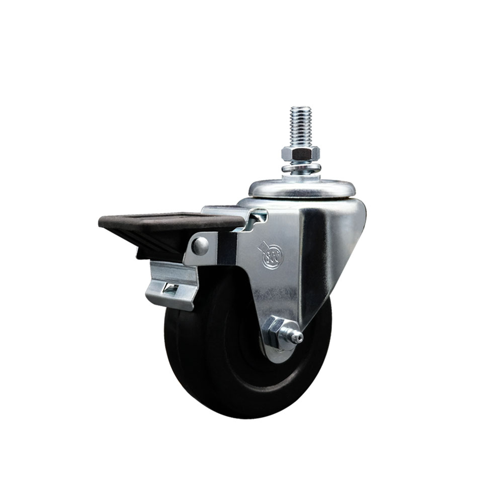 SCC-TS20S3514-SRS-PLB-M1015 Soft Rubber Swivel Threaded Stem Caster with 3.5 x 1.25 in. Black Wheel & 10 mm Stem & Posi Locking Brake
